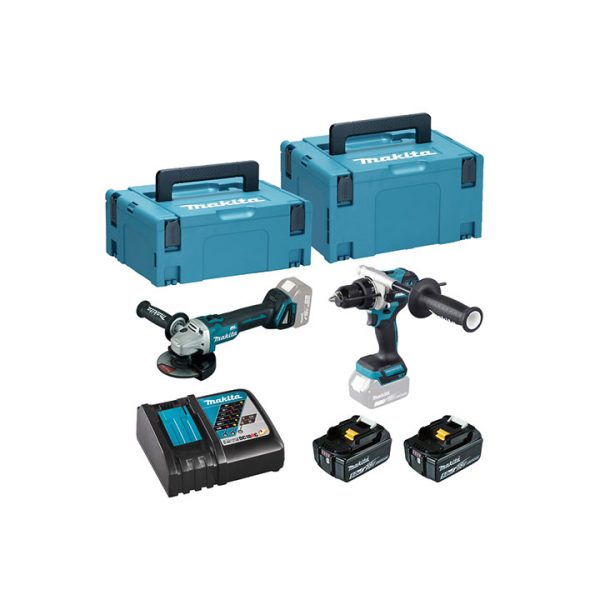 Kit combo Makita DLX2413TJ ( taladro DHP486 + amoladora angular 125mm DGA504 + 2 baterías de 5,0 Ah + cargador rápido )