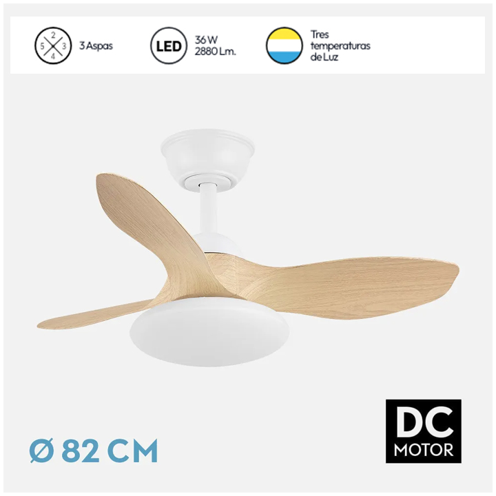 Ventilador de techo DC 36w PARAMO blanco-haya 3 aspas 82d 3000k,4500k,6000k, c.remoto, memoria y temporizador - Imagen 2
