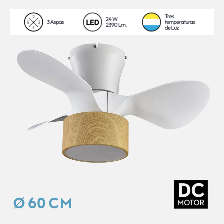 Ventilador de techo DC 24w KOS blanco-haya 3 aspas 60d 6 vel. 2390lm 3000-4500-6000k c.remoto, memoria y temporizador - Imagen 2