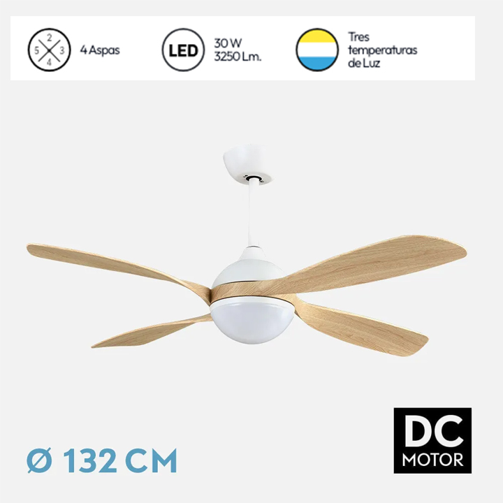 Ventilador de techo DC LIVORNO blanco-haya 30w 3250lm 132d 4aspas 3000k,4500k,6000k, control remoto, temporizador, memoria - Imagen 2