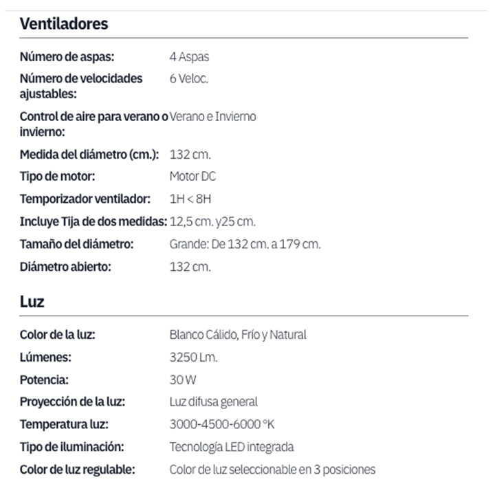 Ventilador de techo DC LIVORNO blanco-haya 30w 3250lm 132d 4aspas 3000k,4500k,6000k, control remoto, temporizador, memoria - Imagen 4