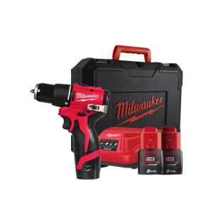 Pack taladro Milwaukee M12 subcompacto con percutor BLPDRC + 2 baterías M12 2.0Ah + cargador + maletín
