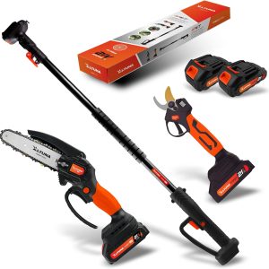 Kit de poda a batería Altuna 21 V: tijera + motosierra + pértiga telescópica
